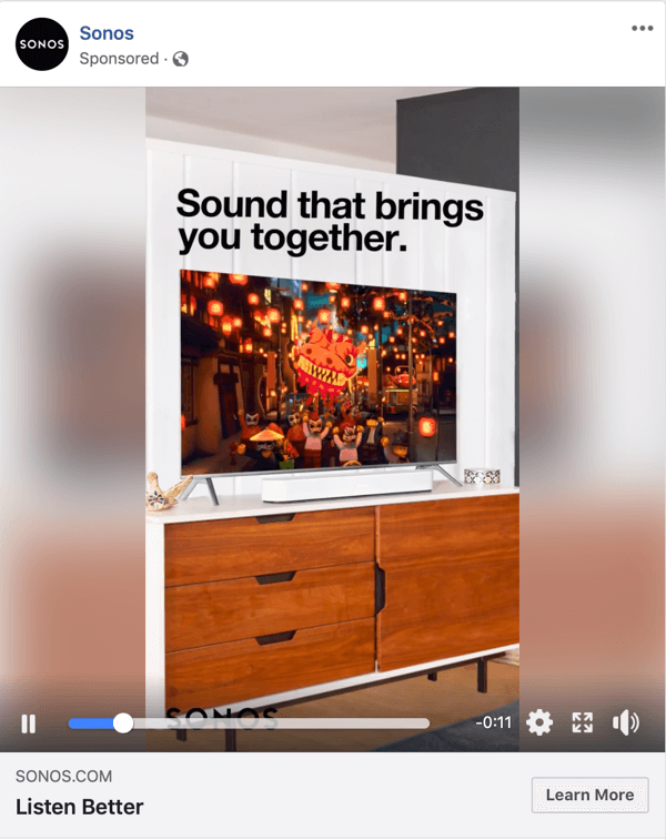 Example of a Facebook Video ad by Sonos.