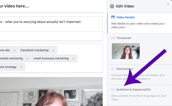 Facebook video post showing the Subtitles & Captions checkbox.