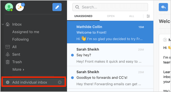 Add Individual Inbox option in Front app dashboard