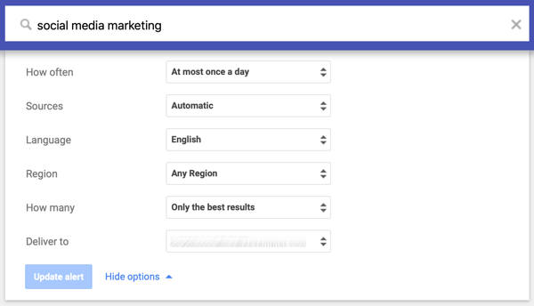 Settings for the frequency, sources, language, region, volume, and delivery method of your Google alert.