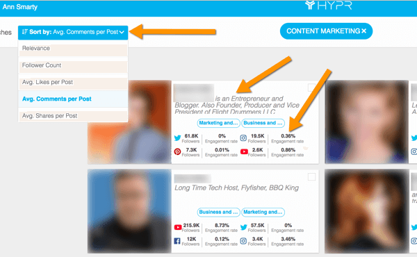 hypr influencer search sort and stats example