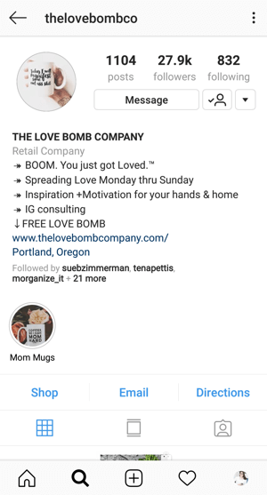 Example of Instagram Business profile bio with offer by @thelovebombco.