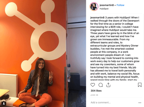 Example of a Hubspot employee's Instagram post, using the branded hashtag #hubspotlife.