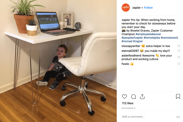 Example of an employee takeover of the Zapier Instagram account.