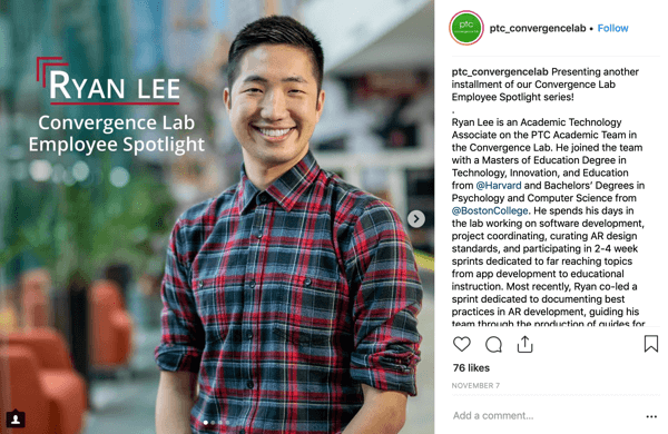 Example of an employee spotlight Instagram post by PTC Convergence Lab.