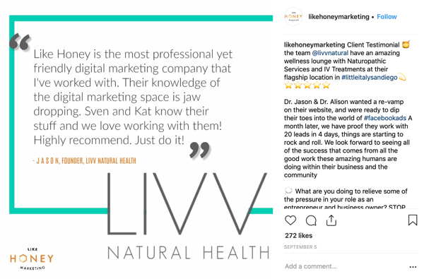 Example of a client story Instagram post by Like Honey Marketing.