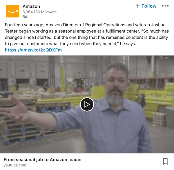 Amazon LinkedIn company page video post example.