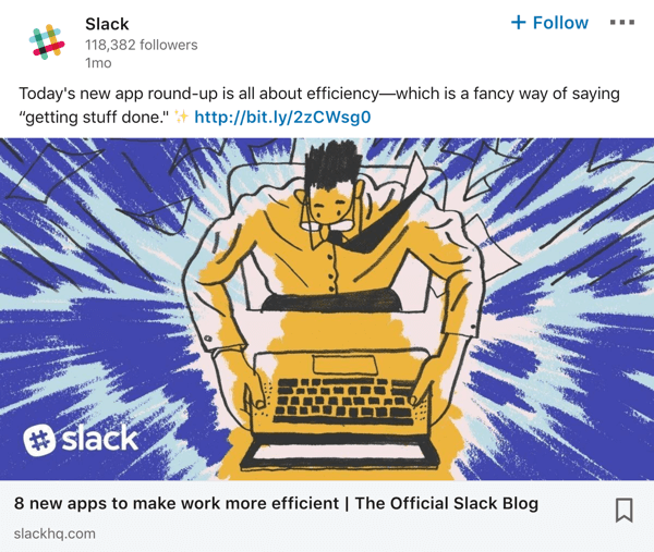 Slack LinkedIn company page post example.