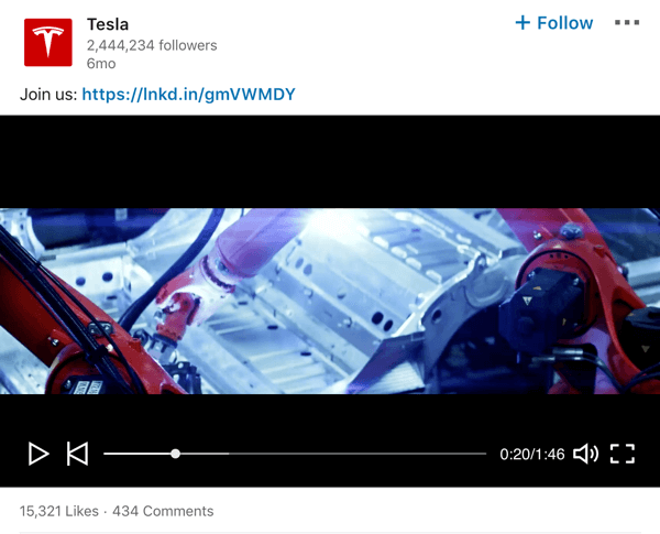 Tesla LinkedIn company page video post example.