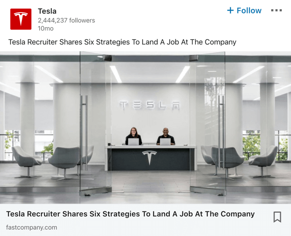 Tesla LinkedIn company page post example.