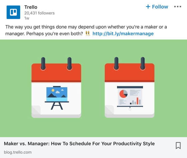 Trello LinkedIn company page post example.
