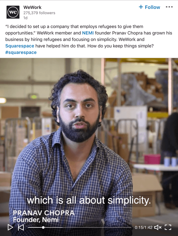 WeWork LinkedIn company page video post example.