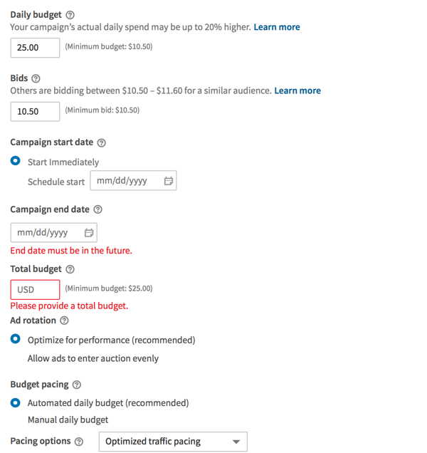 LinkedIn dynamic ad campaign budget, bid, start and end dates, and budget pacing settings.