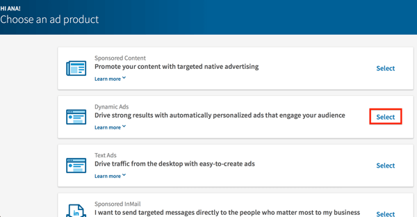 Select Dynamic Ads from the LinkedIn ad product list.