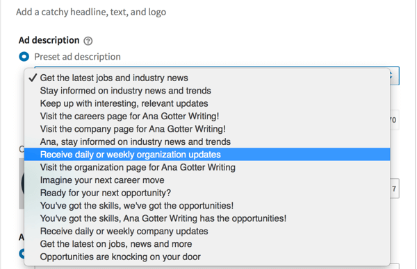 LinkedIn's preset ad descriptions available for some dynamic ad formats.