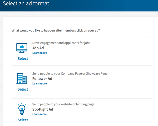 LinkedIn dynamic ads format options.