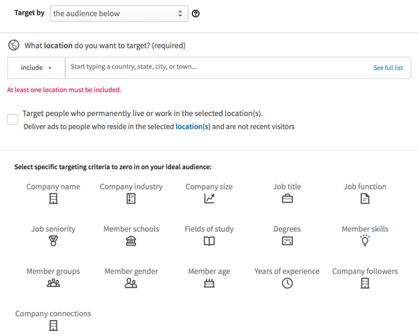 LinkedIn dynamic ads audience targeting options.