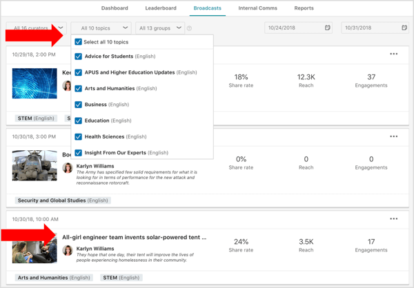 LinkedIn Elevate Broadcasts tab filters