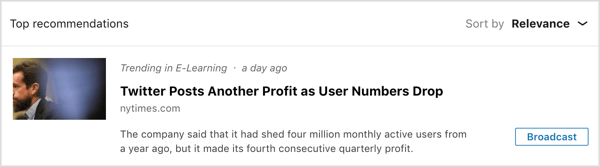LinkedIn Elevate top recommendation with Broadcast button