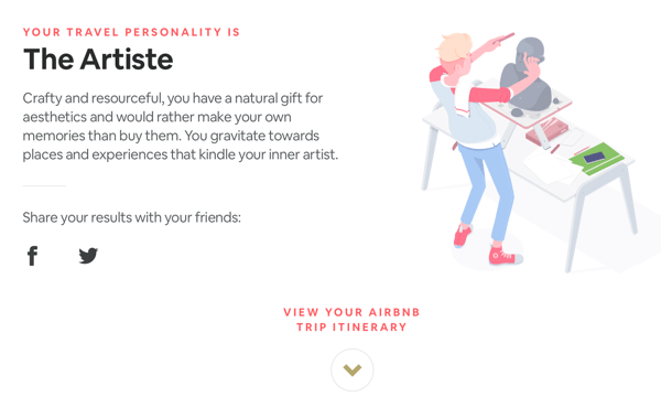 Example outcome from Airbnb's Trip Matcher quiz.