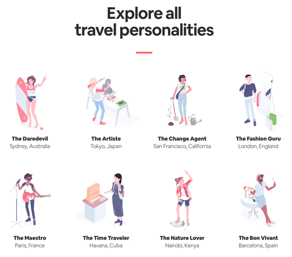 Example of an all outcomes page with results the user can explore from Airbnb's Travel Matcher quiz.