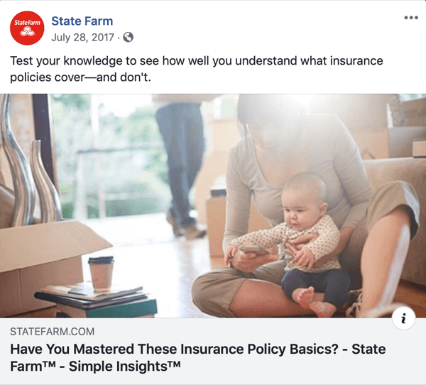 Example of a quiz shared on social media by State Farm.