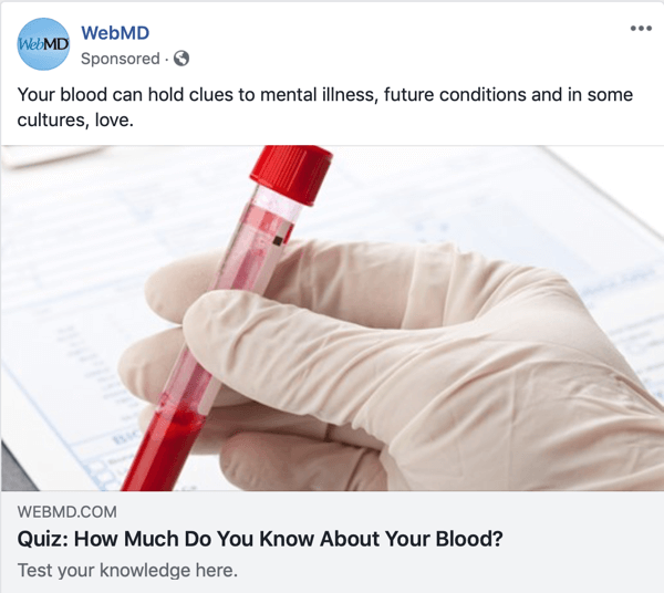 Example of a sponsored quiz by WebMD.