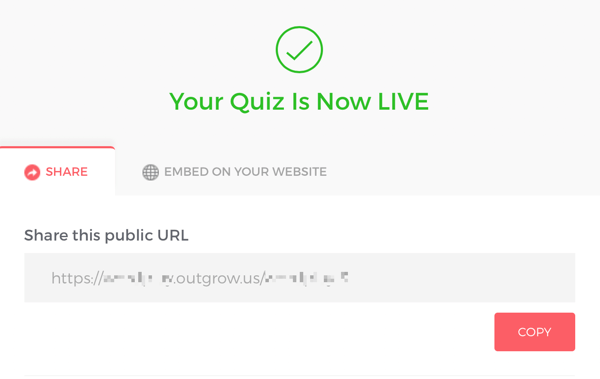 Link to share your live Outgrow quiz.