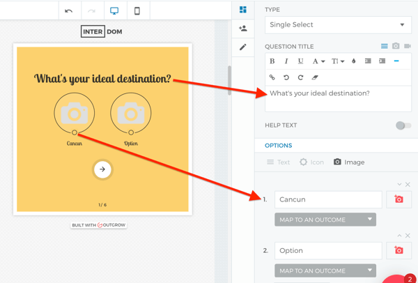 Settings to add a question and possible answers to your Outgrow quiz.