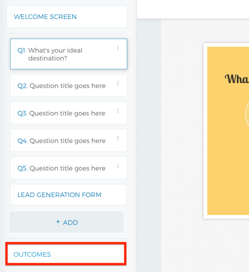 Outcomes section selection after all questions have been created for your Outgrow quiz.