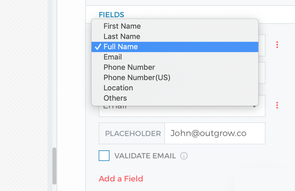 Lead generation form settings for your Outgrow quiz.