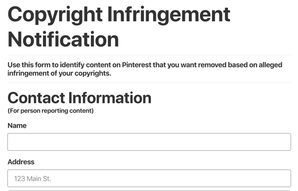 pinterest copyright infringement notification form