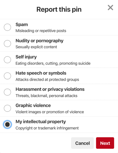 pinterest report pin options my intellectual property