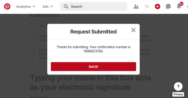 pinterest report stolen pin request submitted with confirmation number