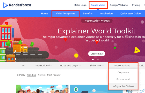 Option to create Infographic videos under Presentations in Renderforest.