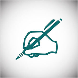 This is a teal line illustration of a hand writing with a pencil. Seth Godin practices daily writing on his blog.