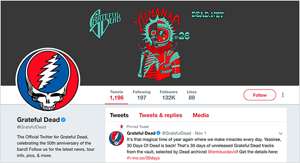 This is a screenshot of the Grateful Dead Twitter page. The cover photo has a black background and a red and turquoise illustration of a person that’s half skeleton and half astronaut. The profile photo is the Grateful Dead logo, which is a circle that’s half blue and half red. Inside the circle is a white skull. In the area of the skull’s brain is another circle that’s half red and half blue, and a white lightning bold divides the circle in two. Seth Godin says Grateful Dead concerts offered an experience that reflects the principles of trust and tension he discusses in his new book about marketing.