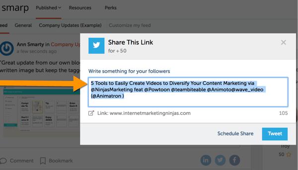 smarp twitter share auto fill with influencer tags