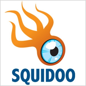 This a screenshot of the Squidoo logo, which is an orange creature with four tentacles and large blue eyeball.