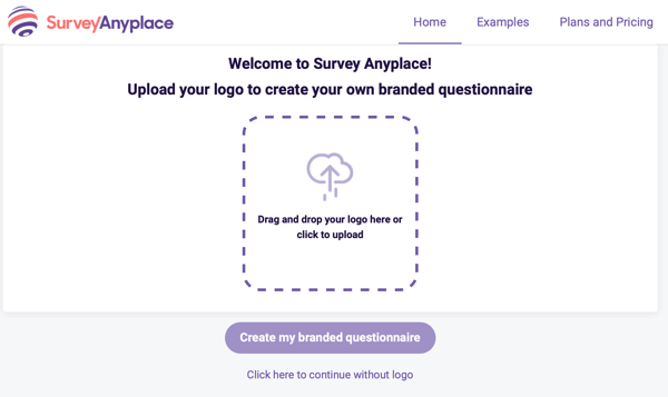 Survey Anyplace welcome and logo upload for a branded questionnaire.