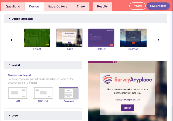 Survey Anyplace Design template and layout settings for your questionnaire.