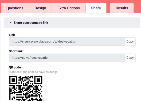 Example of the Share tab and sharing links for your Survey Anyplace questionnaire.