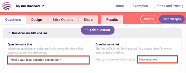 Survey Anyplace title and link settings for your questionnaire.