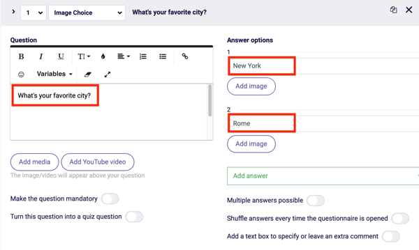 Survey Anyplace question and answer settings for a question in your questionnaire.