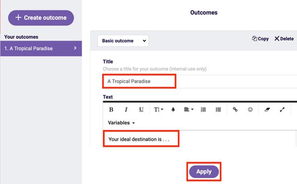 Survey Anyplace Outcome settings options for your questionnaire.