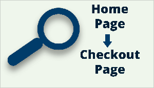 This is an illustration that highlights how Tanner Larsson analyzes the customer journey on a website. The illustration has a light green background. A dark blue magnifying glass icon appears on the left. On the right, in dark blue text, the text “Home Page” appears in the upper right. Then a downward pointing arrow appears. Below the arrow is the text “Checkout Page”.