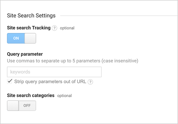 This is a screenshot of the Site Search Settings options in Google Analytics. The Site Search Tracking option is On. The settings also have options for entering a query parameter and toggling Site Search Categories on or off.