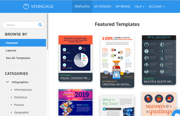 Examples of Venngage featured templates for infographics.