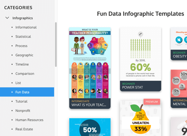 Examples of Venngage infographic categories under Fun Data.