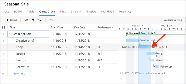 Drag the due date marker for a Gantt chart in Wrike.